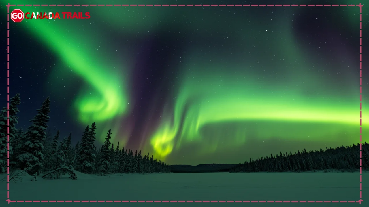 Majestic aurora borealis dancing over a frozen Canadian lake with snow-covered pine trees in the foreground, showcasing vibrant green and purple lights reflecting on the icy water. Best Time to See Northern Lights in Canada