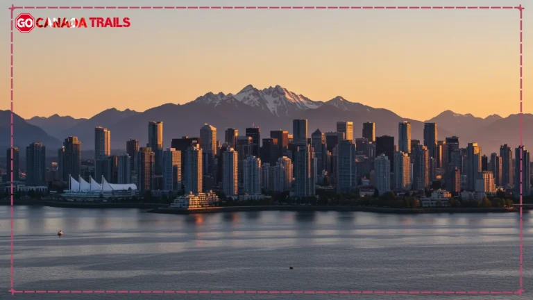 best walks in vancouver: Panoramic view of Vancouver's downtown skyline at sunset, featuring glimmering glass skyscrapers, the Pacific Ocean, and snow-capped North Shore Mountains in the background, highlighting the city's beautiful blend of urban and natural elements