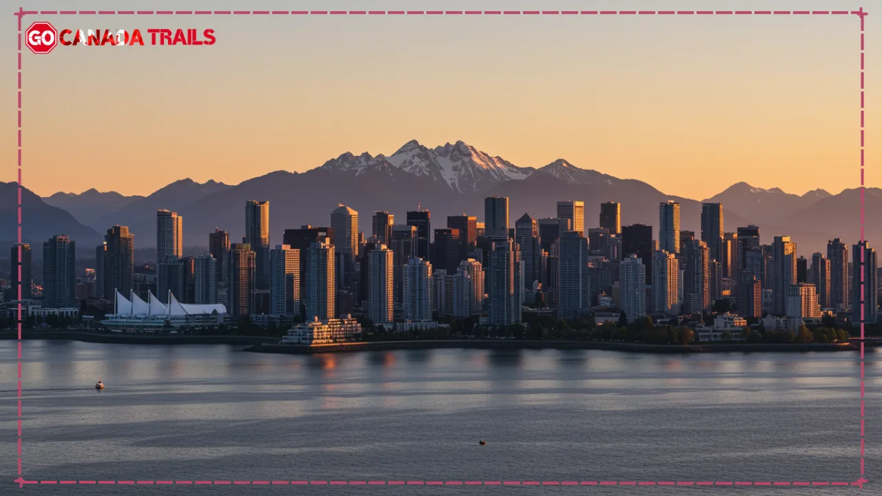 best walks in vancouver: Panoramic view of Vancouver's downtown skyline at sunset, featuring glimmering glass skyscrapers, the Pacific Ocean, and snow-capped North Shore Mountains in the background, highlighting the city's beautiful blend of urban and natural elements
