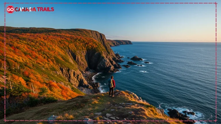 A hiker stands on a grassy cliff overlooking the Atlantic Ocean on the East Coast Trail Newfoundland, surrounded by vibrant autumn foliage during a golden hour sunset.