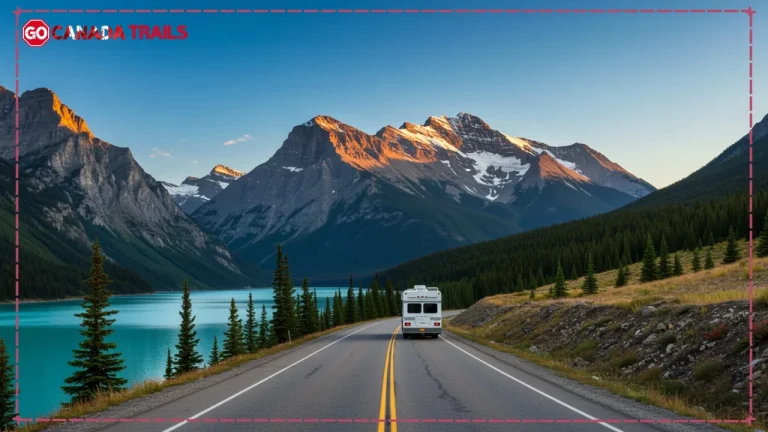 A panoramic view of a winding road cutting through the majestic Canadian Rocky Mountains with turquoise lakes and snow-capped peaks under a vibrant blue sky, featuring a modern campervan on the road. This image captures the vastness and diverse natural beauty of Canada, symbolizing an epic road trip adventure.