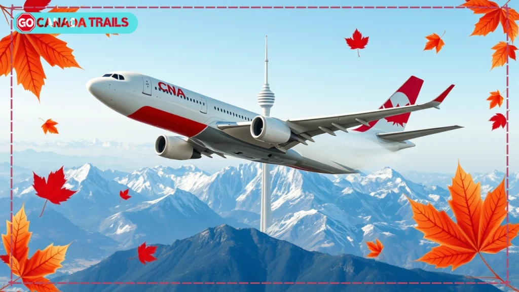 Modern airplane flying over iconic Canadian landmarks including CN Tower and the Rocky Mountains, with calendar dates and dollar signs symbolizing flight booking timing and savings for travel to Canada.