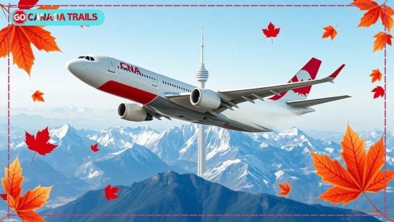 Modern airplane flying over iconic Canadian landmarks including CN Tower and the Rocky Mountains, with calendar dates and dollar signs symbolizing flight booking timing and savings for travel to Canada.