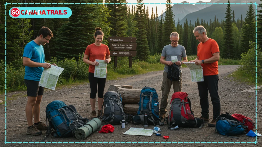 Diverse group of hikers preparing at Canadian wilderness trailhead
