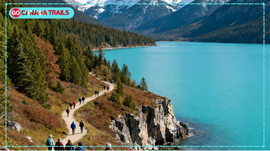 Panoramic view of Canadian hiking trails with diverse landscapes and hikers