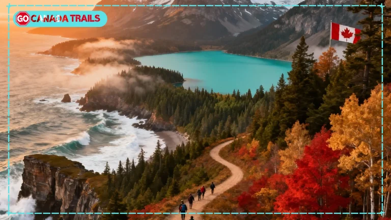 Panoramic view of hiking trails Canada landscapes showing Rocky Mountains, forests, lakes and coastal cliffs with diverse group of hikers exploring the scenic routes - complete guide to Canadian hiking adventures 2025