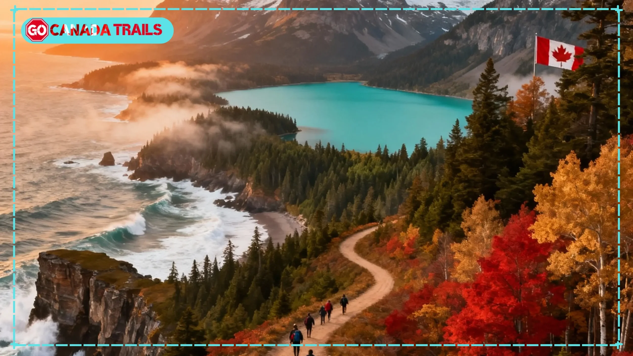 Panoramic view of hiking trails Canada landscapes showing Rocky Mountains, forests, lakes and coastal cliffs with diverse group of hikers exploring the scenic routes - complete guide to Canadian hiking adventures 2025