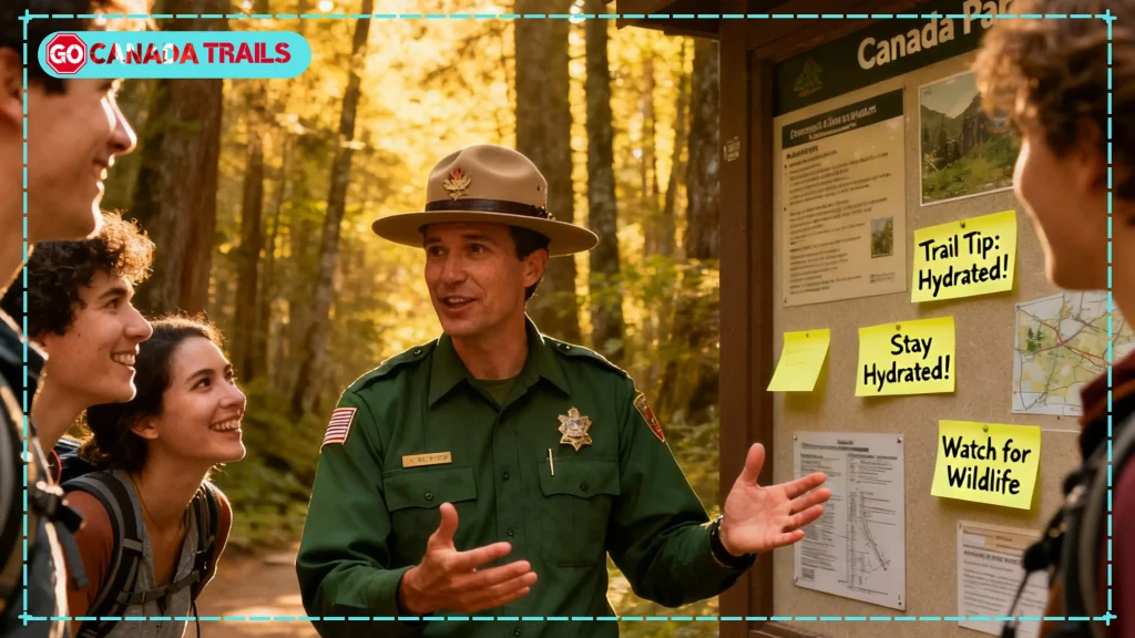 Canadian park ranger sharing hiking tips with eager travelers at trailhead