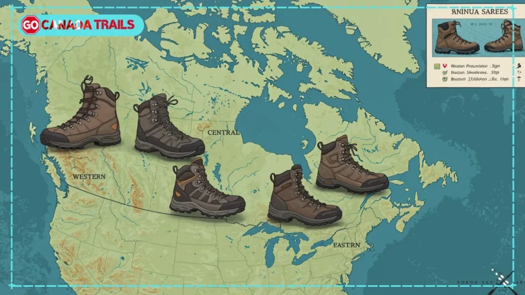 Map of Canada with hiking boots placed on Western, Central, Eastern, and Northern regions, each reflecting local terrain and climate differences.